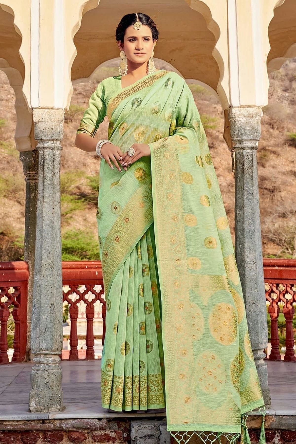 Light Green Colour Woven Work Linen Saree SD1101333