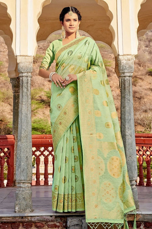 Light Green Colour Woven Work Linen Saree SD1101333