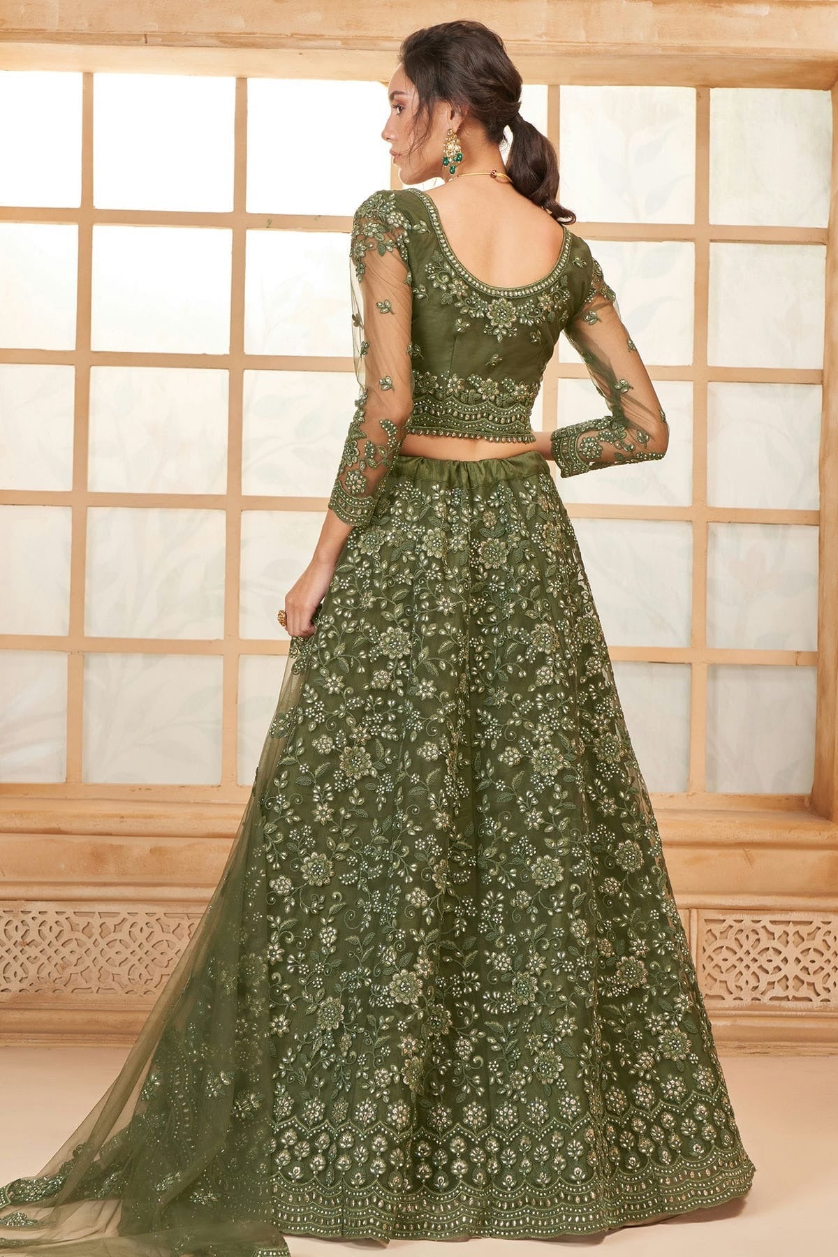 Light Green Embroidery Net and SilK Lehenga Choli LC1290141 A