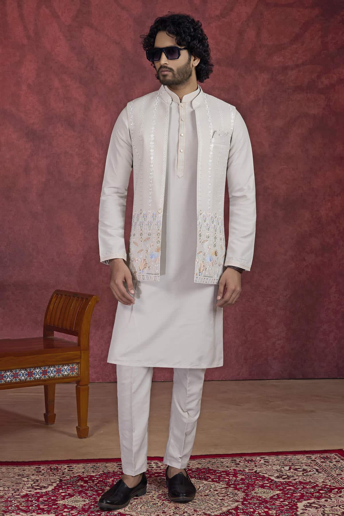 Light Grey Colour Art Silk Pintux Work Kurta Pajama With Jacket