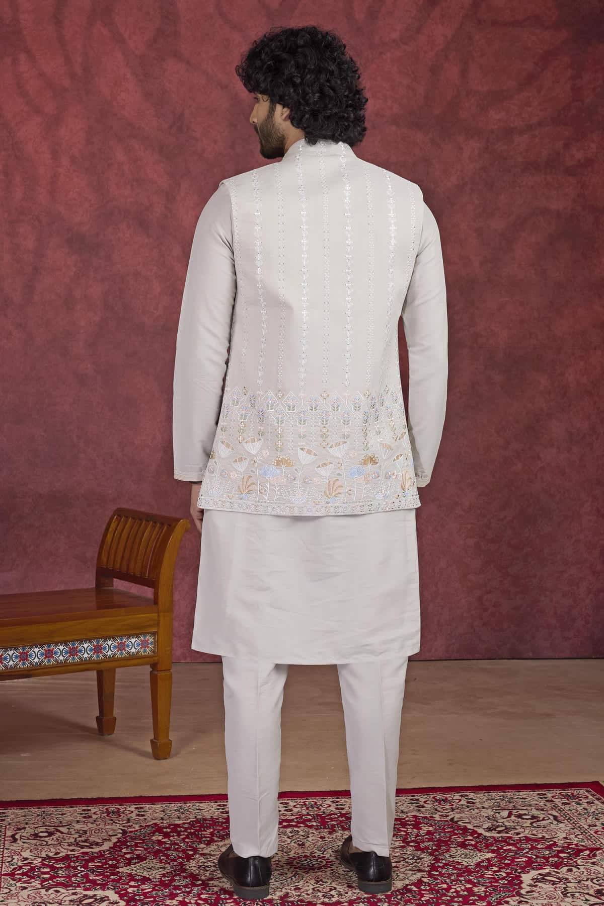 Light Grey Colour Art Silk Pintux Work Kurta Pajama With Jacket