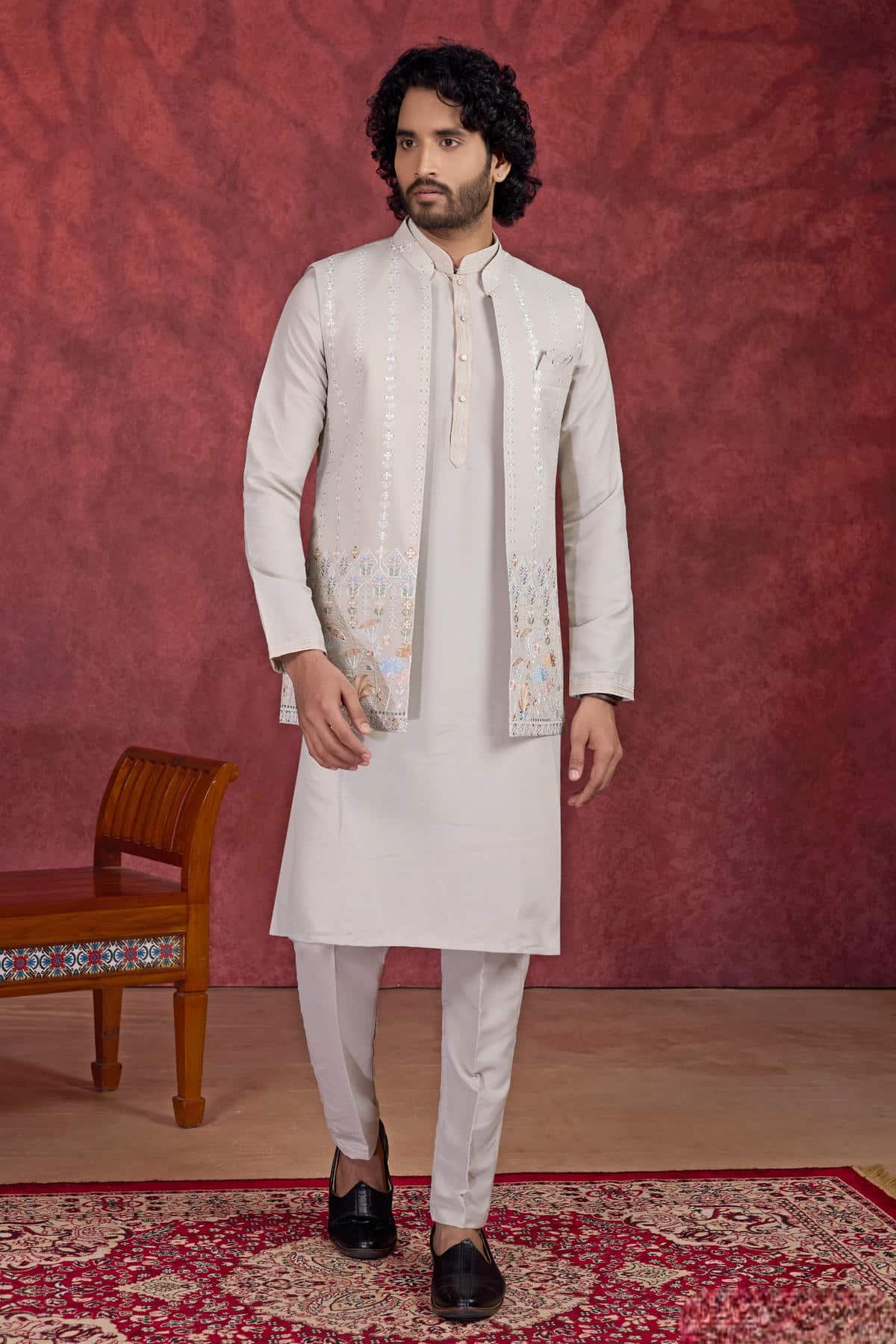 Light Grey Colour Art Silk Pintux Work Kurta Pajama With Jacket