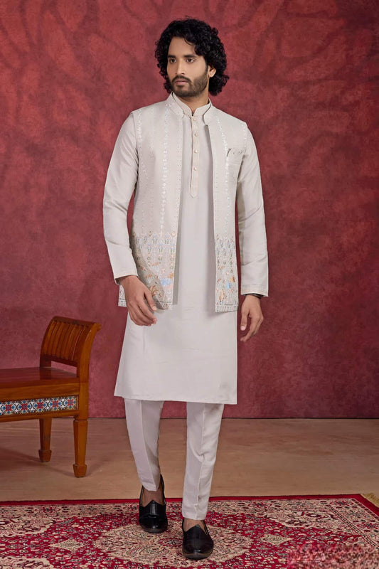 Light Grey Colour Art Silk Pintux Work Kurta Pajama With Jacket