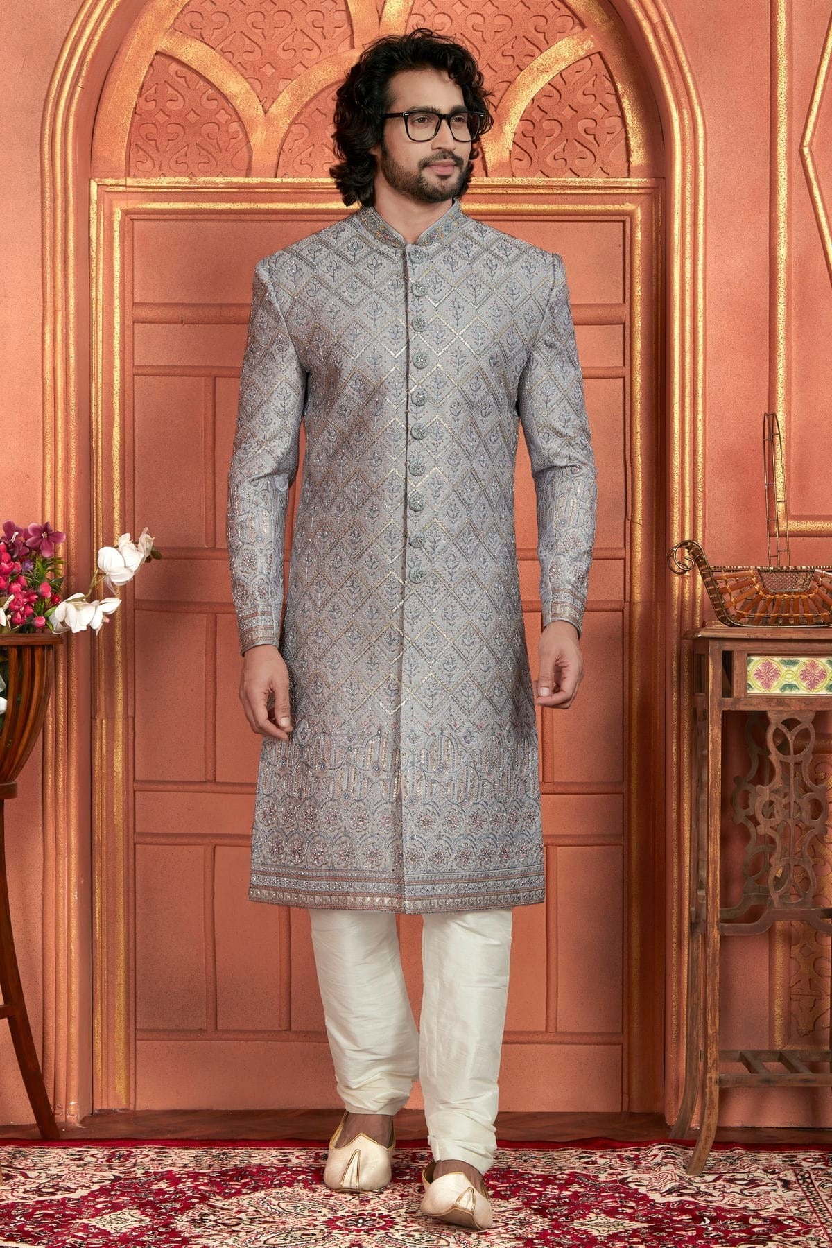 Light Grey Colour Art Silk Sherwani With Churidar Pant SH1230052 A