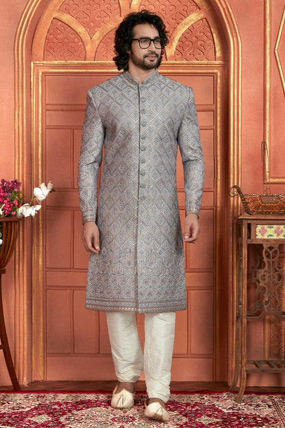 Light Grey Colour Art Silk Sherwani With Churidar Pant SH1230052 A