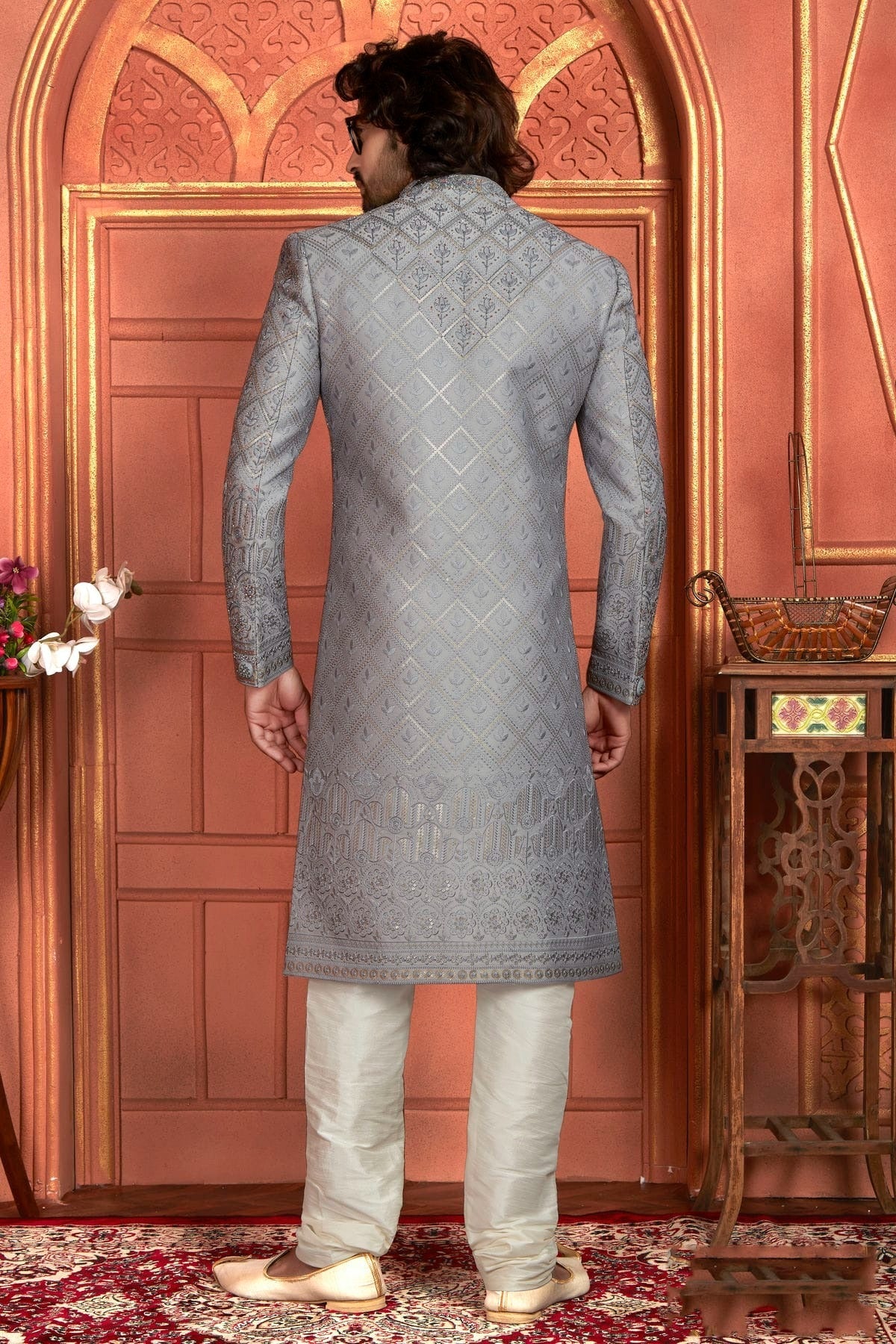 Light Grey Colour Art Silk Sherwani With Churidar Pant SH1230052 B