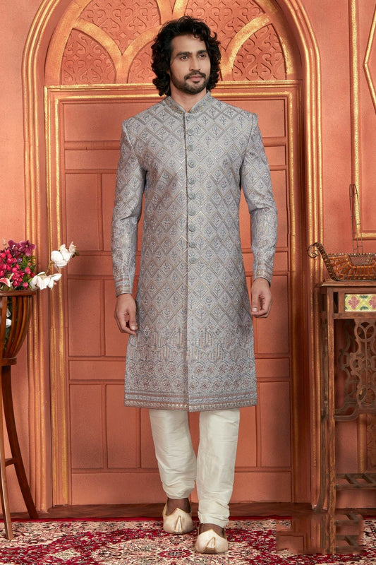 Light Grey Colour Art Silk Sherwani With Churidar Pant SH1230052