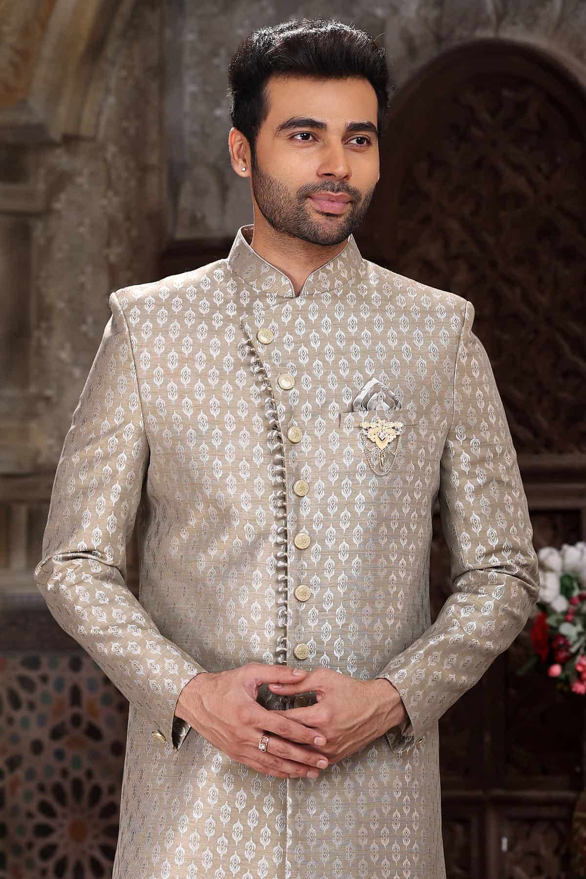 Light Grey Colour Banarasi Jacquard Embroidery Work indo western Sherwani