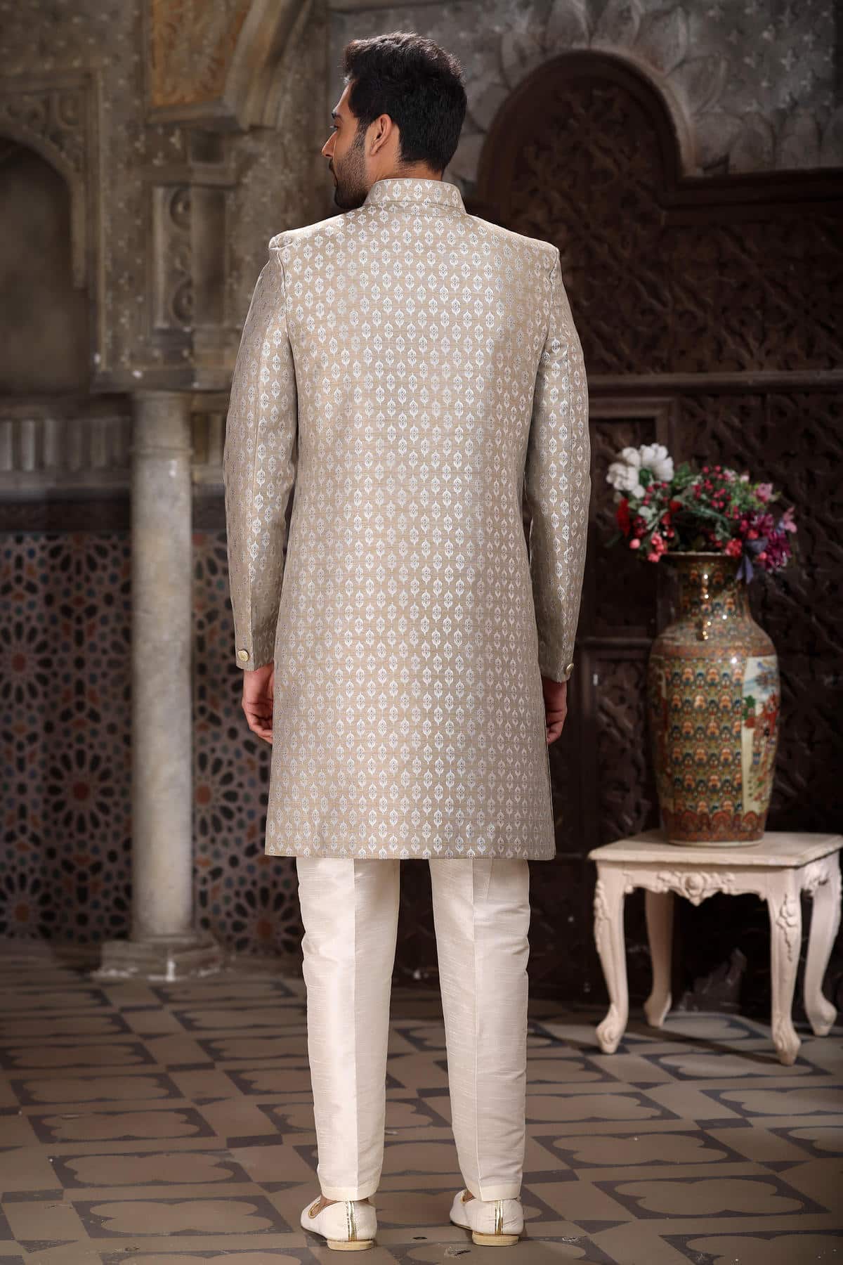 Light Grey Colour Banarasi Jacquard Embroidery Work indo western Sherwani
