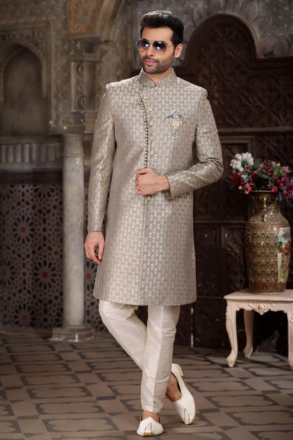 Light Grey Colour Banarasi Jacquard Embroidery Work indo western Sherwani