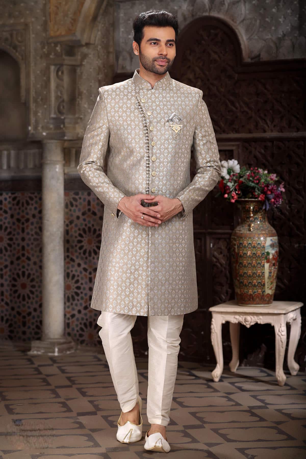 Light Grey Colour Banarasi Jacquard Embroidery Work indo western Sherwani