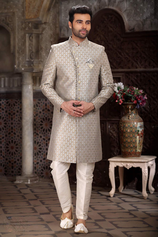 Light Grey Colour Banarasi Jacquard Embroidery Work indo western Sherwani