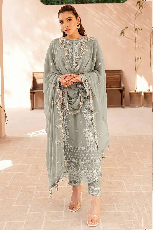 Light Grey Colour Faux Georgette Semi Stitched Pakistani Suit SM1140478