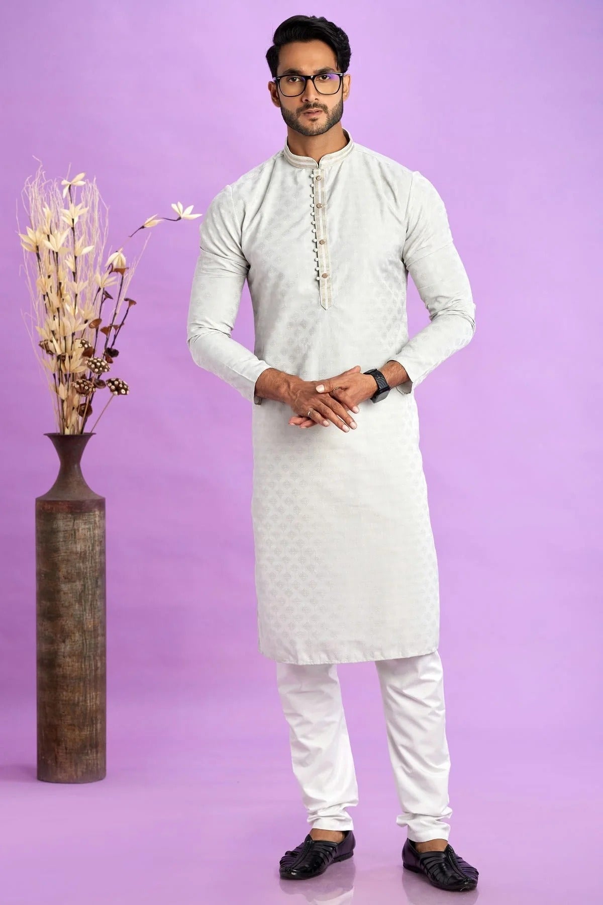 Light Grey Colour Jacquard Art Silk Pintex Work Kurta Pajama KP1230202 A