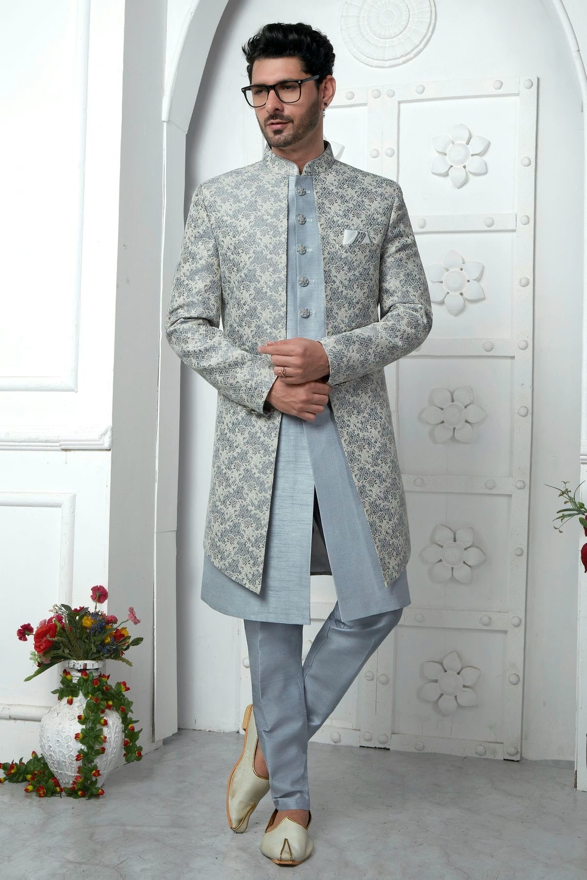 Light Grey Colour Jacquard Silk Indowestern Sherwani With Aligadhi Pant SH1230038 A