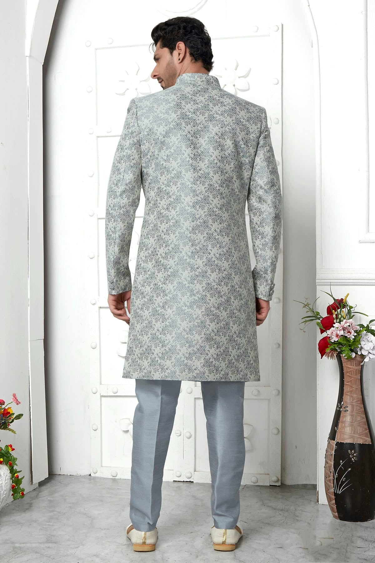 Light Grey Colour Jacquard Silk Indowestern Sherwani With Aligadhi Pant SH1230038 B