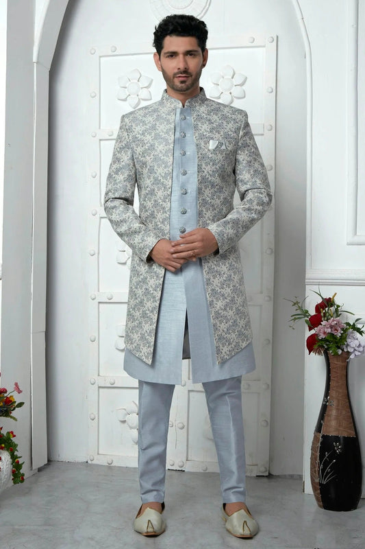 Light Grey Colour Jacquard Silk Indowestern Sherwani With Aligadhi Pant SH1230038