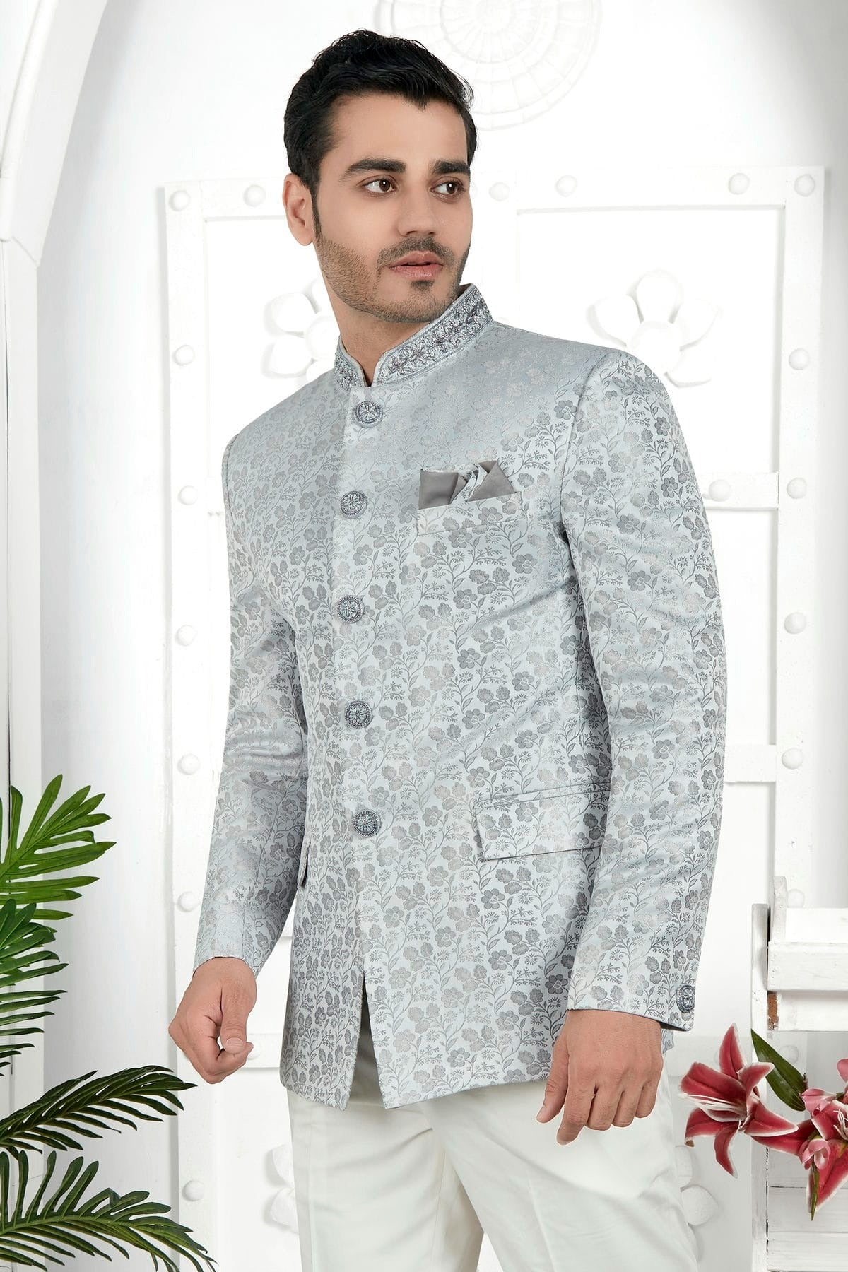 Light Grey Colour Jacquard Silk Jodhpuri Jacket JP1230103 A