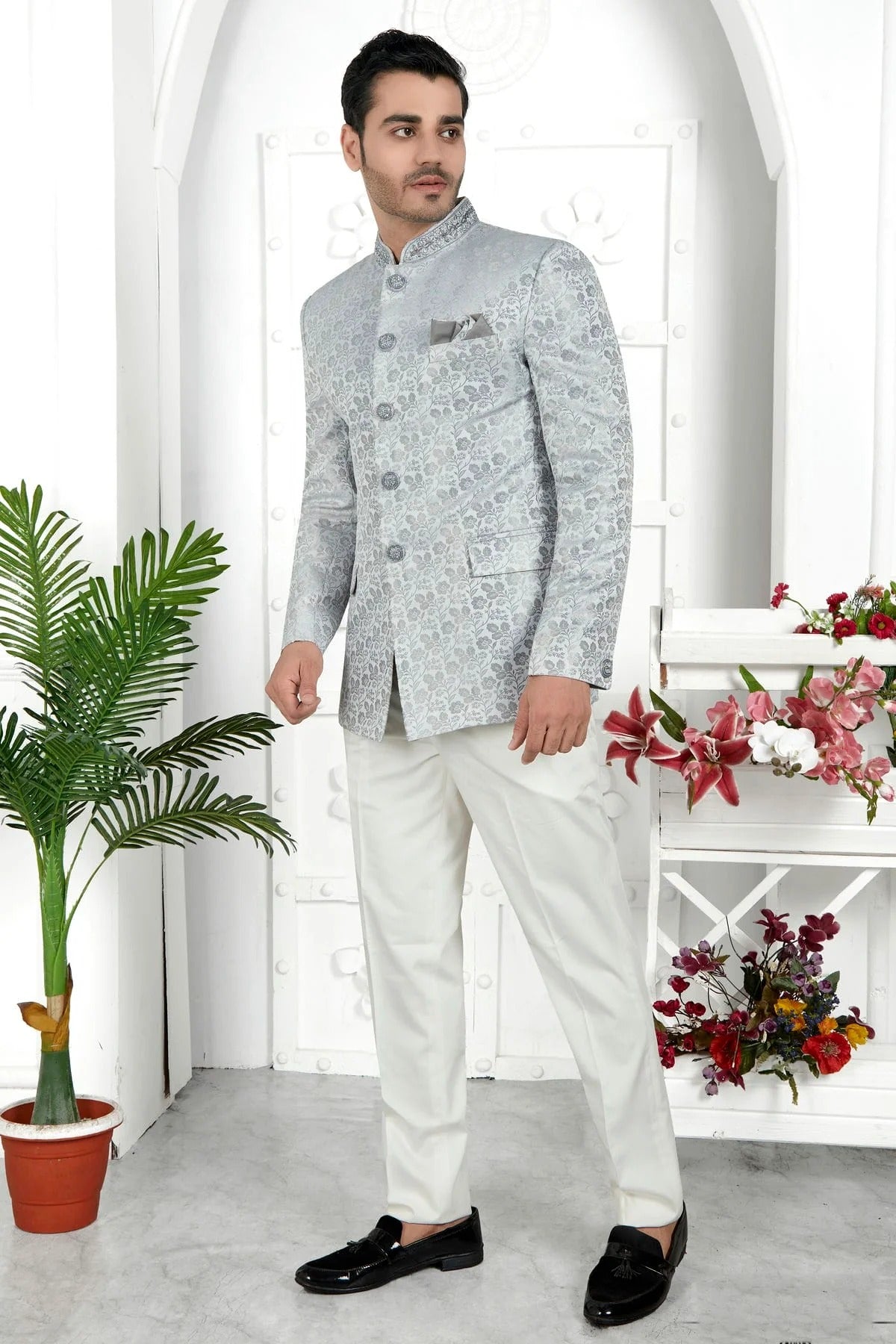 Light Grey Colour Jacquard Silk Jodhpuri Jacket JP1230103