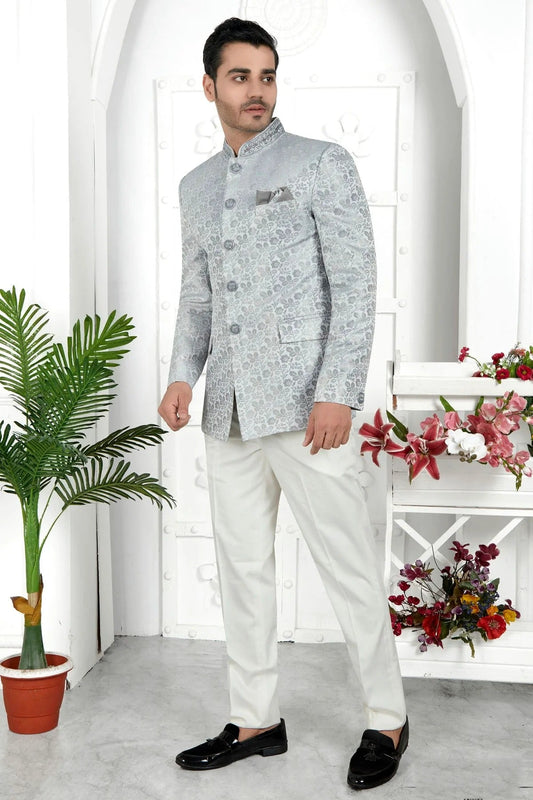 Light Grey Colour Jacquard Silk Jodhpuri Jacket JP1230103