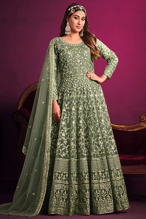 Light Grey Colour Net Anarkali Suit SM1050354