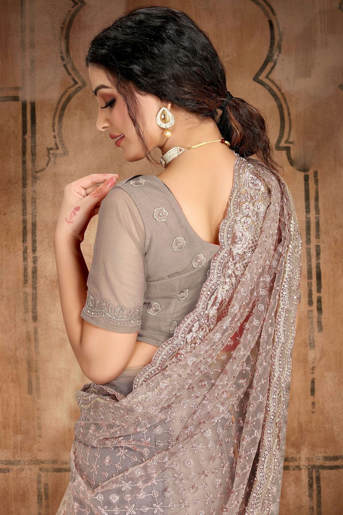 Light Grey Colour Net Saree SD1090751 A