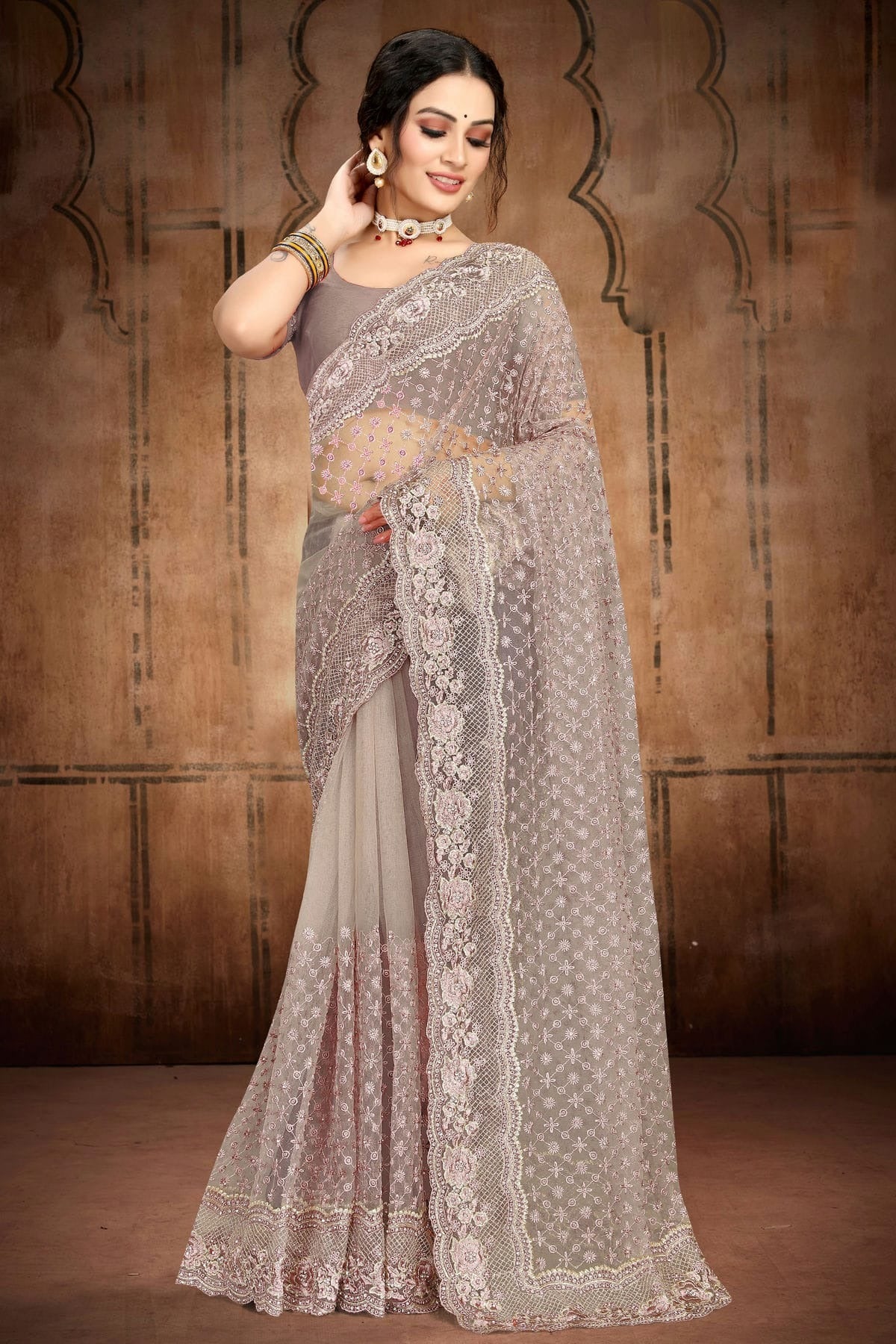Light Grey Colour Net Saree SD1090751