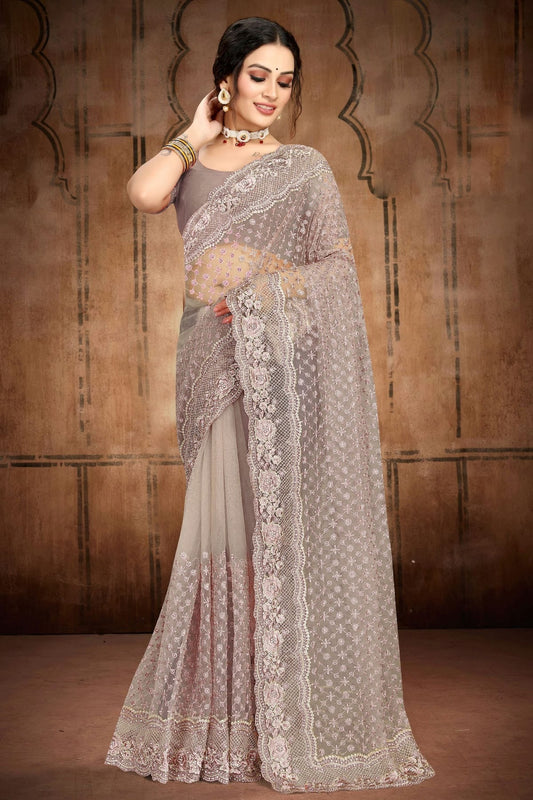 Light Grey Colour Net Saree SD1090751