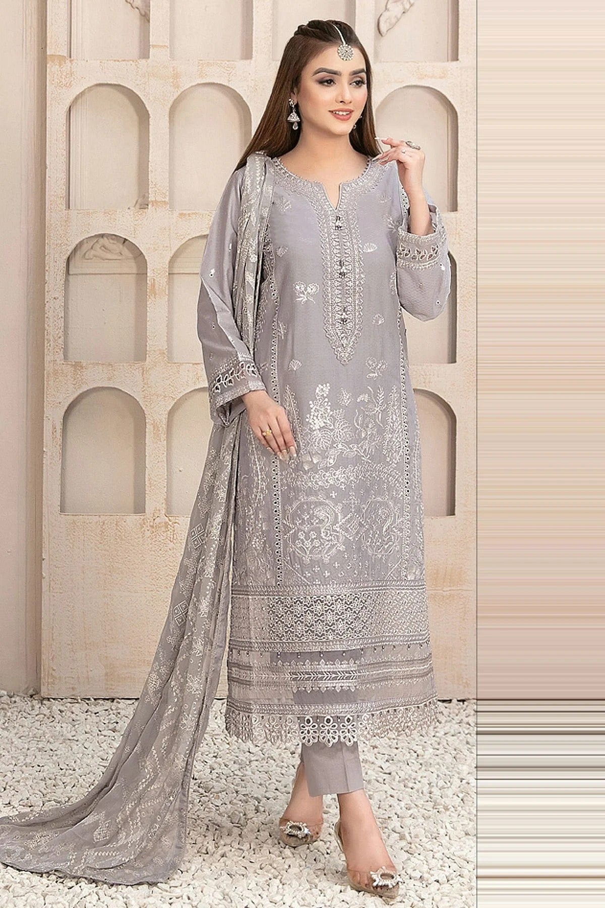 Light Grey Colour Semi Stitched Faux Georgette Pakistani Suit SM1140179