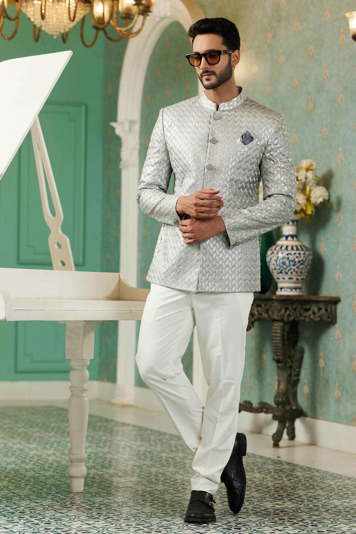 Light Grey Colour Thread Work Embroidery Art Silk Jodhpuri Set JP1230632