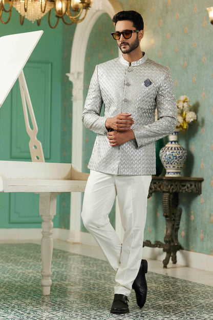 Light Grey Colour Thread Work Embroidery Art Silk Jodhpuri Set JP1230632