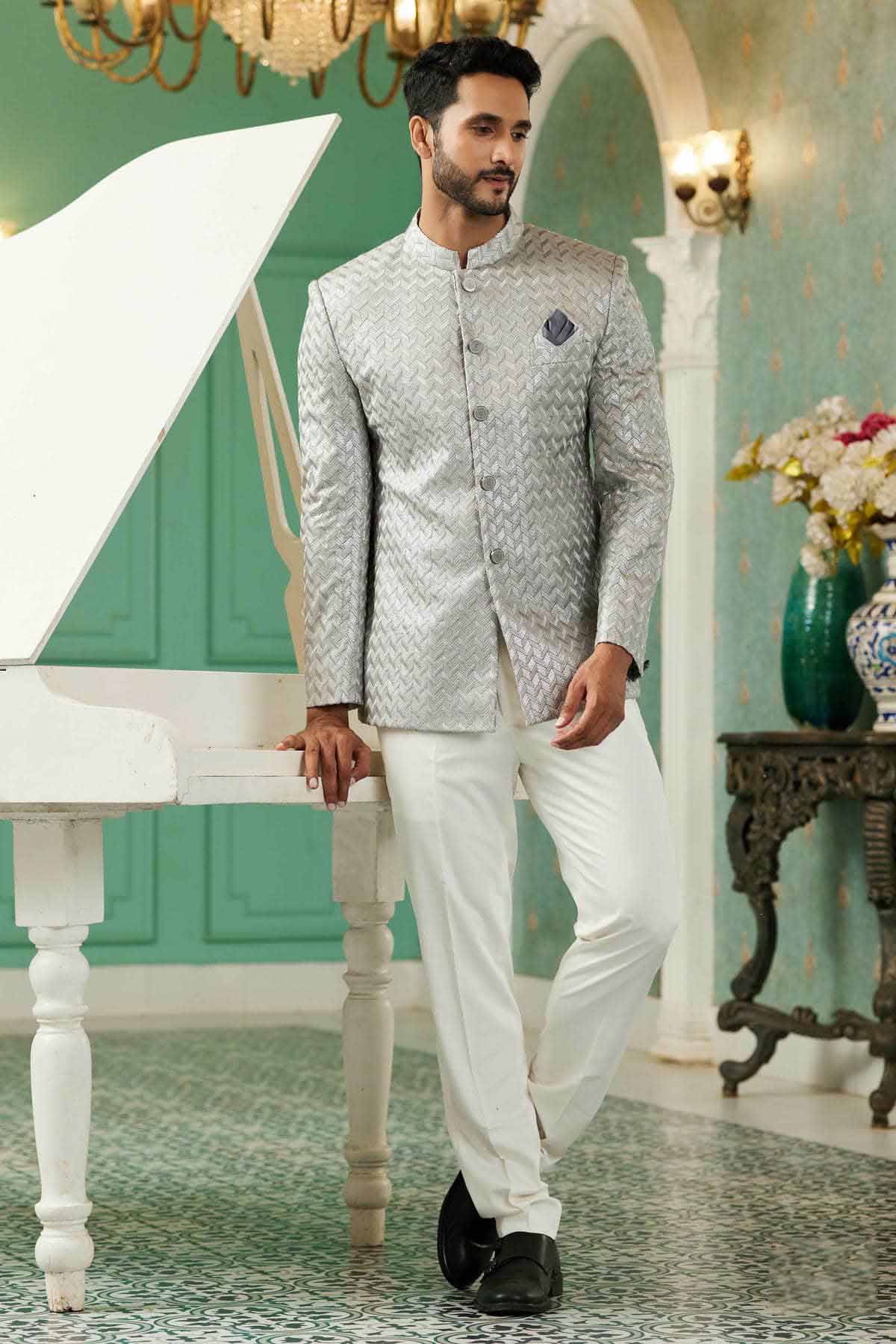 Light Grey Colour Thread Work Embroidery Art Silk Jodhpuri Set JP1230632