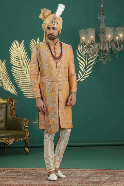 Light Orange Colour Banarasi Jacquard Embroidery Sherwani