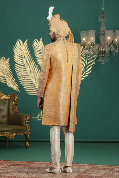 Light Orange Colour Banarasi Jacquard Embroidery Sherwani