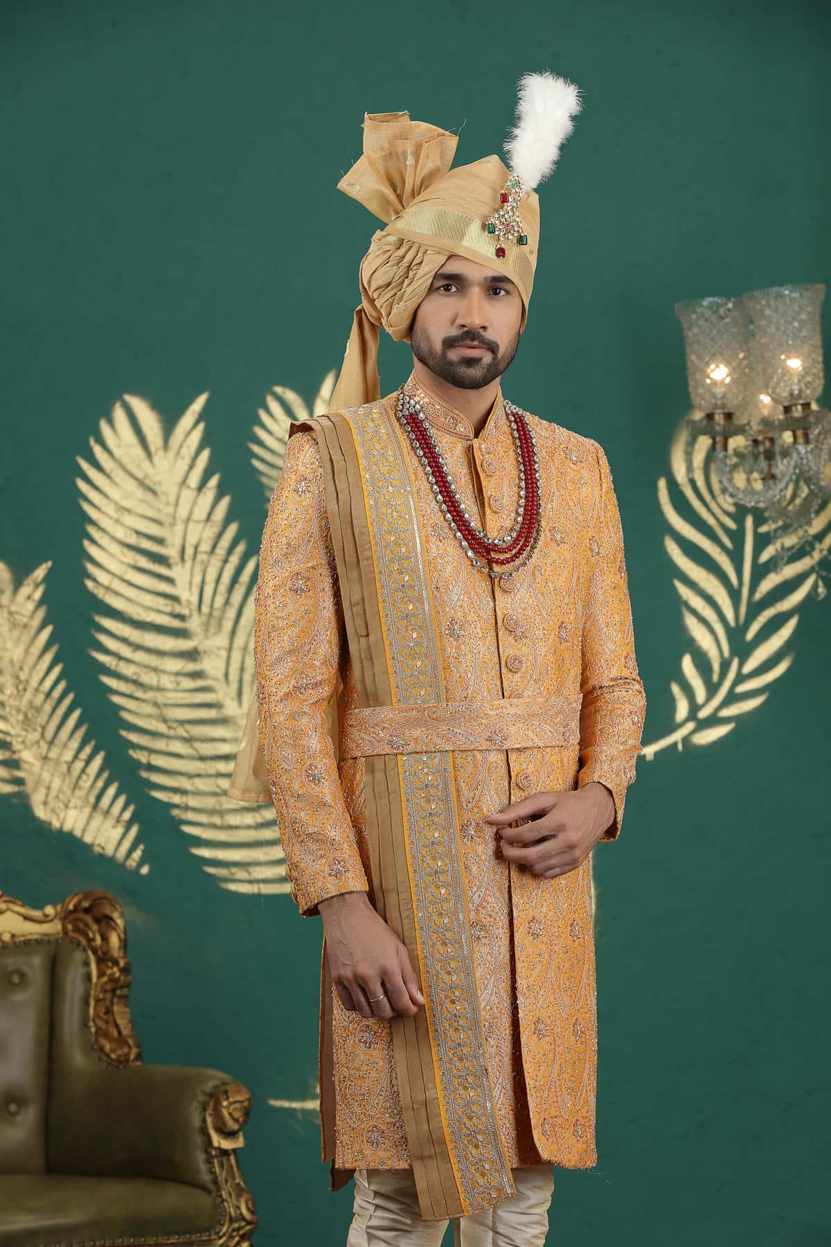 Light Orange Colour Banarasi Jacquard Embroidery Sherwani