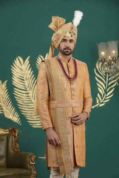 Light Orange Colour Banarasi Jacquard Embroidery Sherwani
