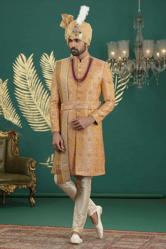 Light Orange Colour Banarasi Jacquard Embroidery Sherwani
