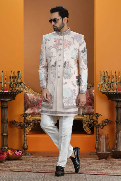 Light Peach Colour Art Silk Embroidery 3 Pcs Jacket Set