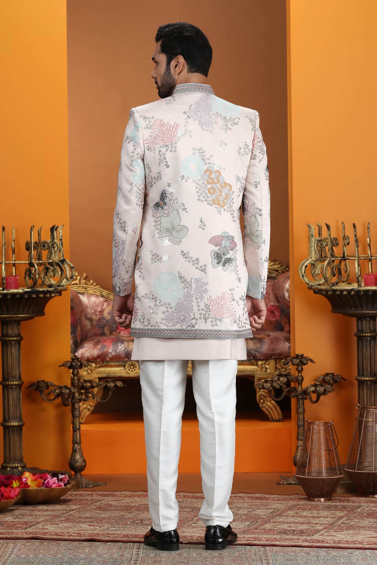 Light Peach Colour Art Silk Embroidery 3 Pcs Jacket Set