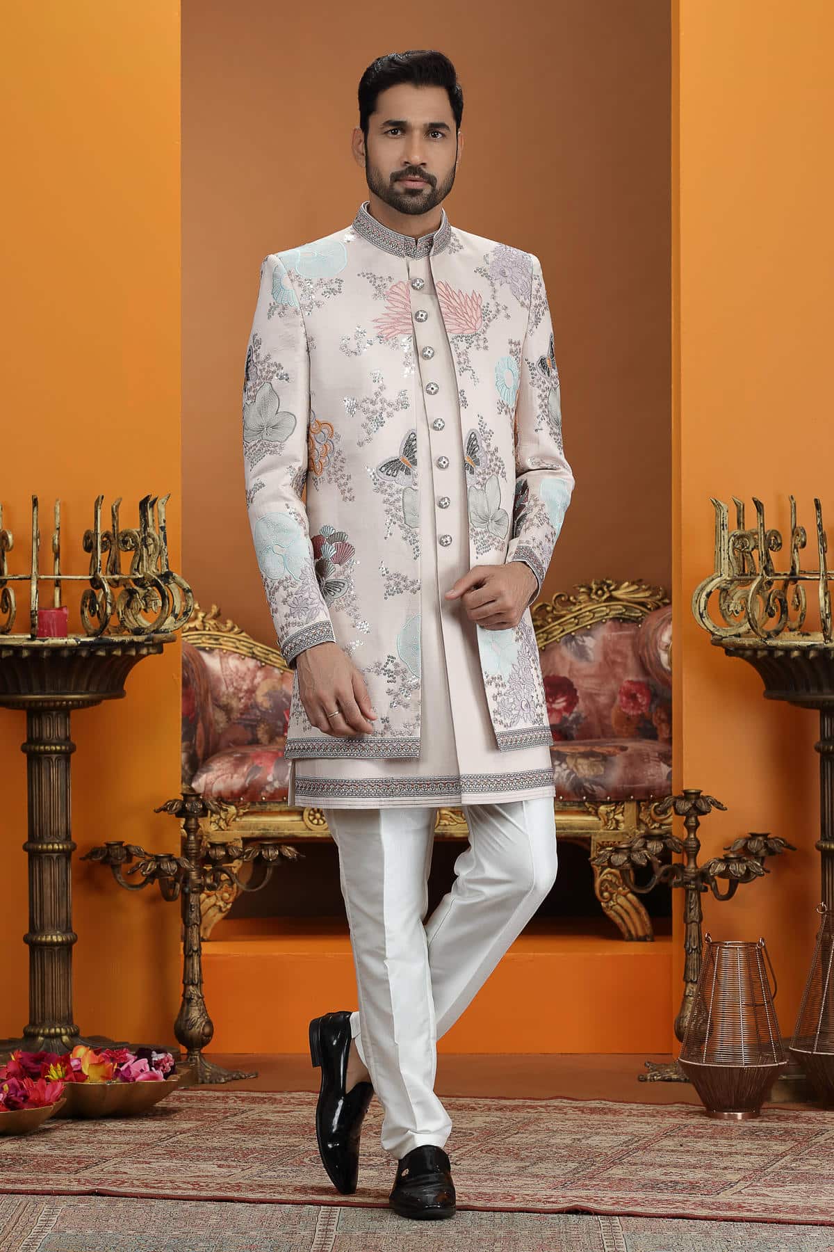 Light Peach Colour Art Silk Embroidery 3 Pcs Jacket Set