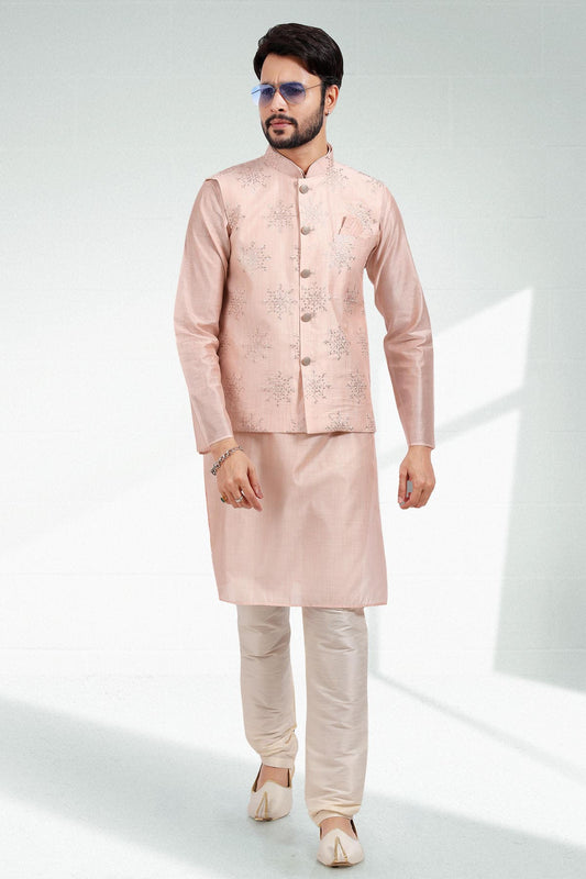 Light Peach Colour Art Silk Thread Work Kurta Pajama With Jacket