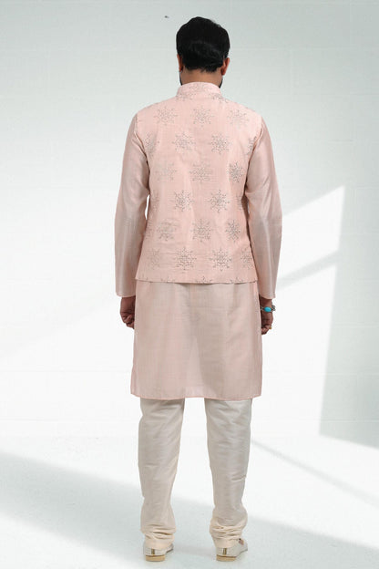 Light Peach Colour Art Silk Thread Work Kurta Pajama With Jacket