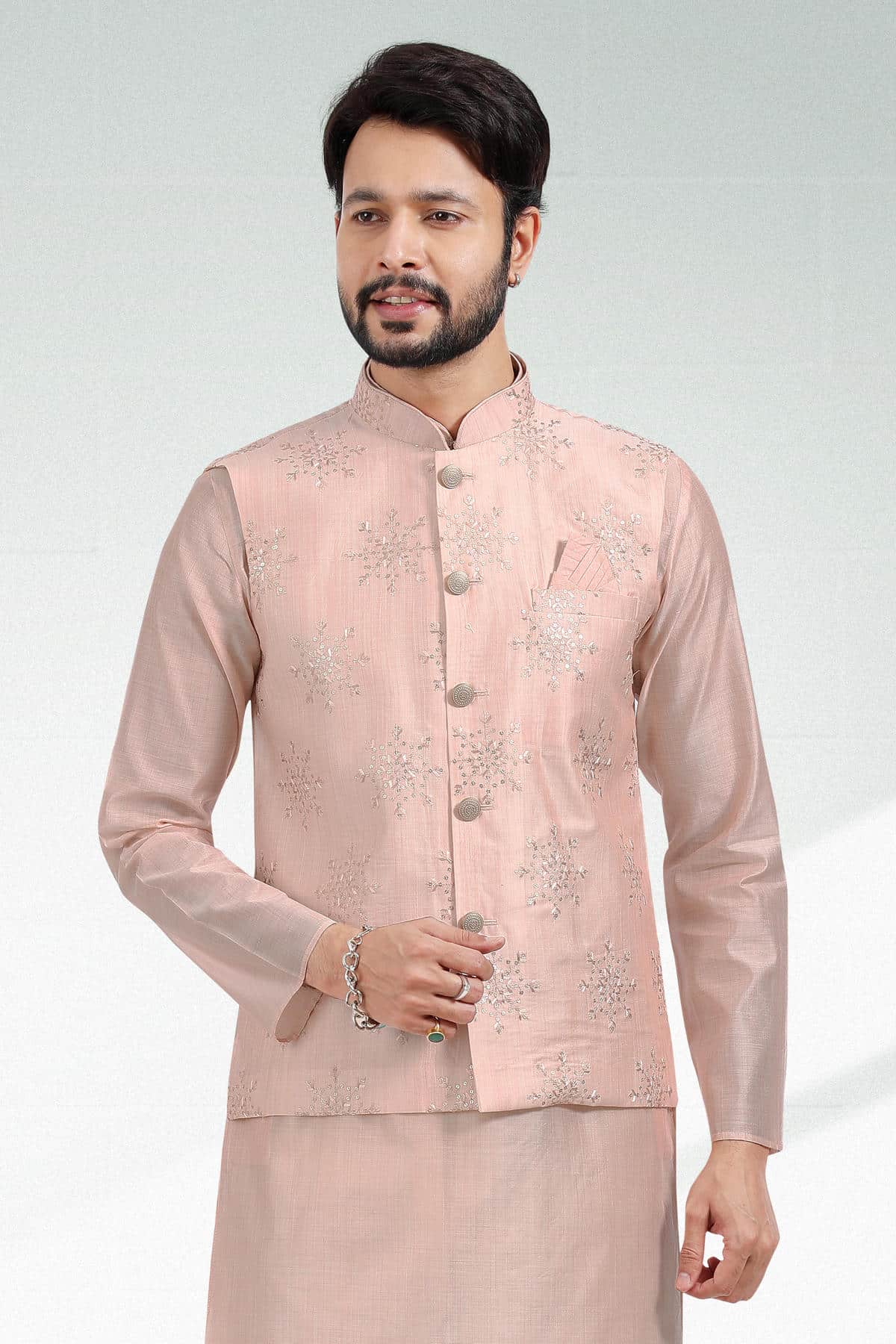 Light Peach Colour Art Silk Thread Work Kurta Pajama With Jacket