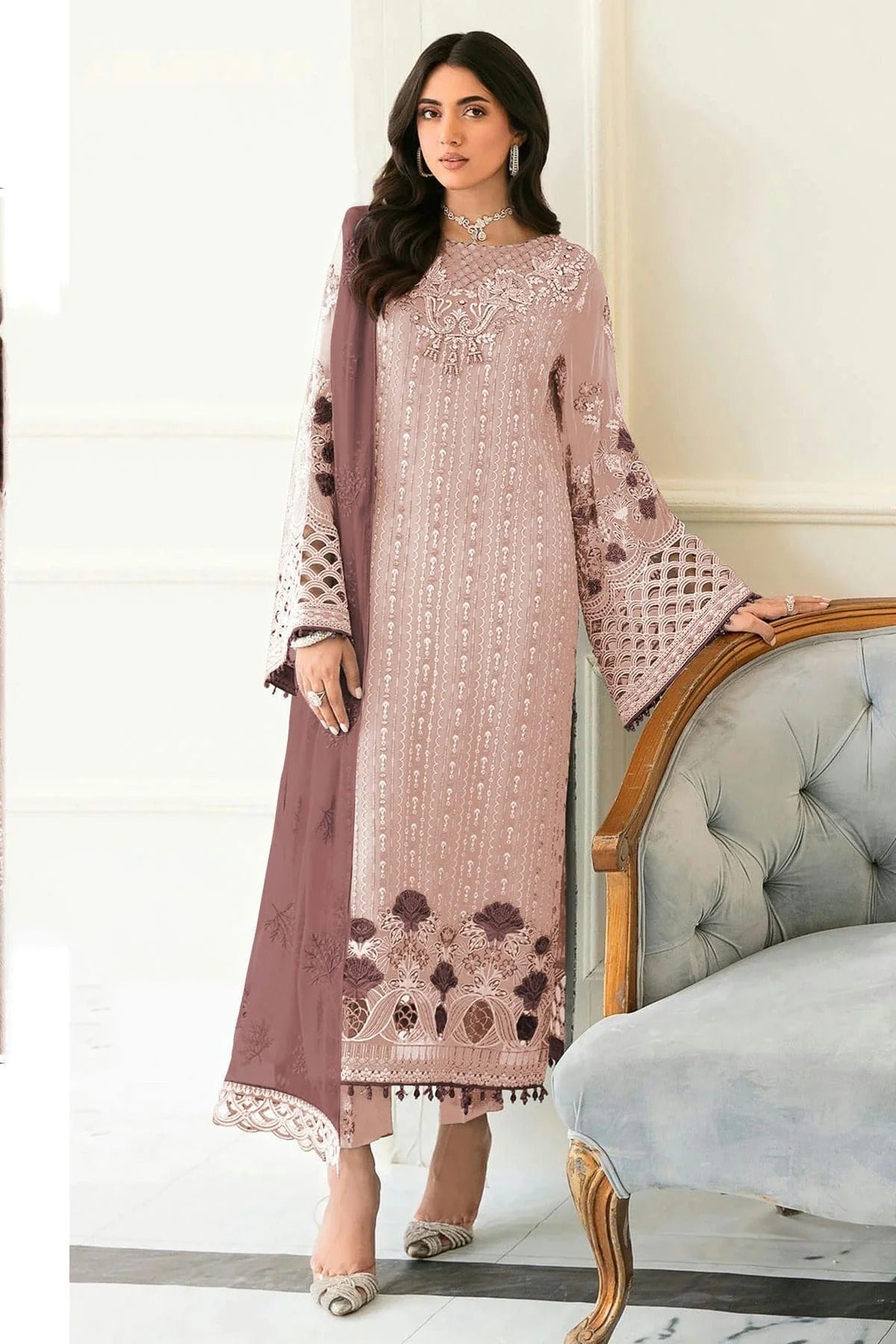 Light Peach Colour Semi Stitched Faux Georgette Pakistani Suit SM1140224