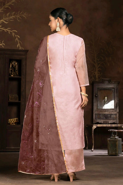 Light Peach Colour Unstitched Organza Plazzo Pant Suit US1160836 A