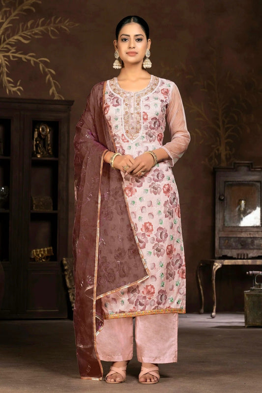 Light Peach Colour Unstitched Organza Plazzo Pant Suit US1160836