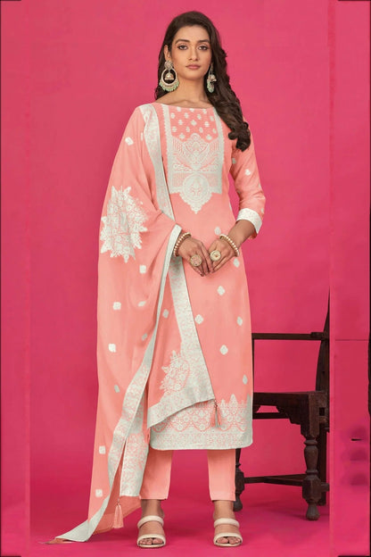 Light Pink Colour Semi Stitched Jacquard Straight Suit SM1140196