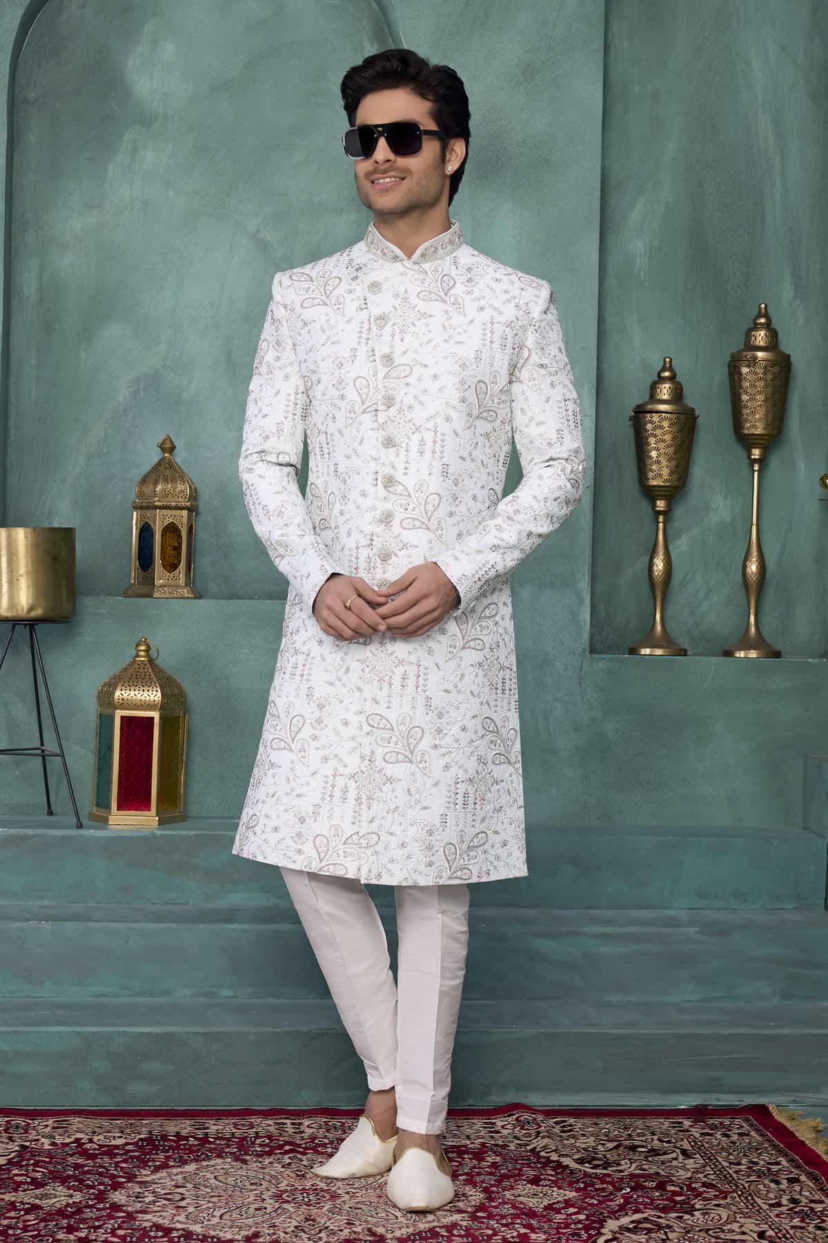 Light Pista Green Colour Art Silk Embroidery Work Sherwani