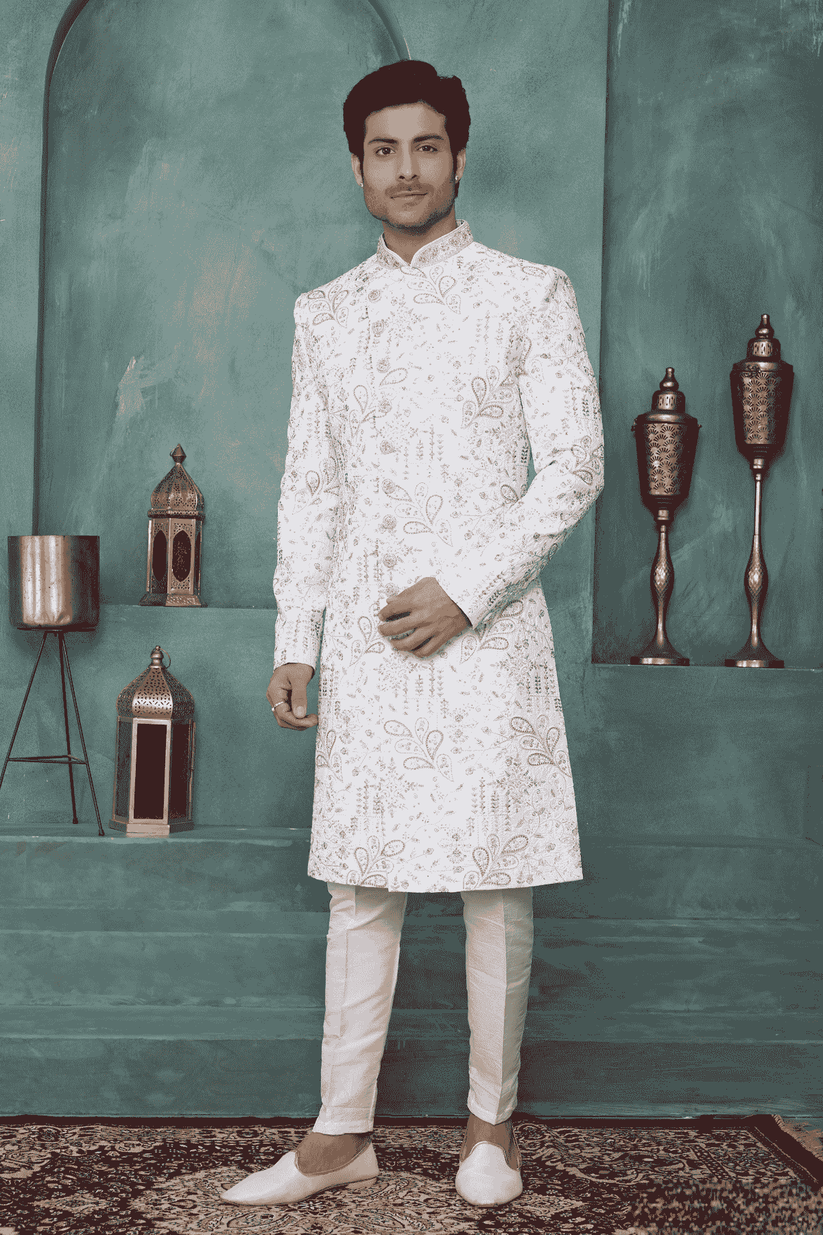 Light Pista Green Colour Art Silk Embroidery Work Sherwani