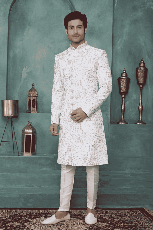 Light Pista Green Colour Art Silk Embroidery Work Sherwani